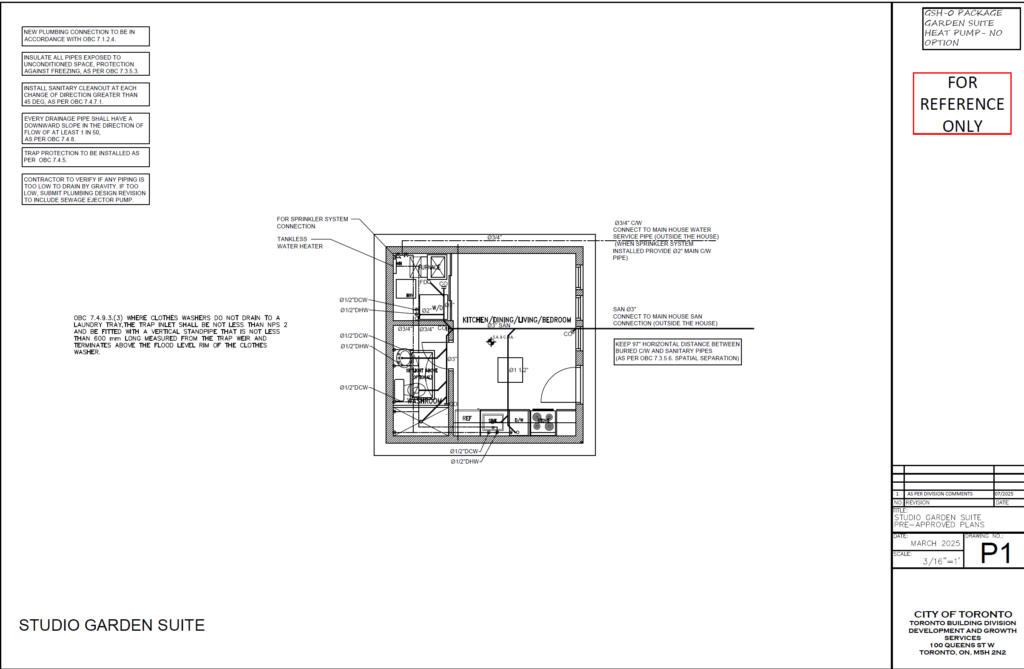 Studio Garden Suite Toronto plumbing plan P1 — sanitary drain water supply separate metering connection main house OBC 7.1.2 pre approved permit drawings City of Toronto