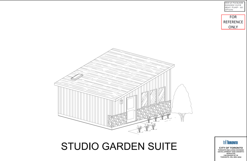 Studio Garden Suite Toronto pre approved design 3D perspective — GSH 0 Package City of Toronto Building Division permit drawings 2025