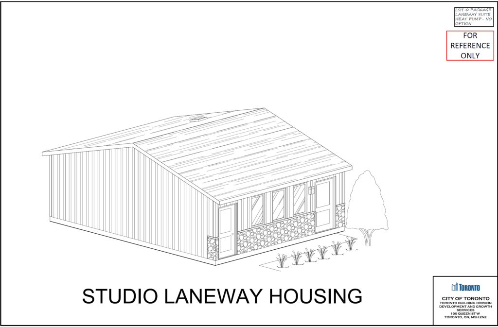 Studio Laneway Housing Toronto 3D perspective — LSH 0 Package City of Toronto Building Division permit drawings 2025 metal siding faux stone exterior cladding gable roof