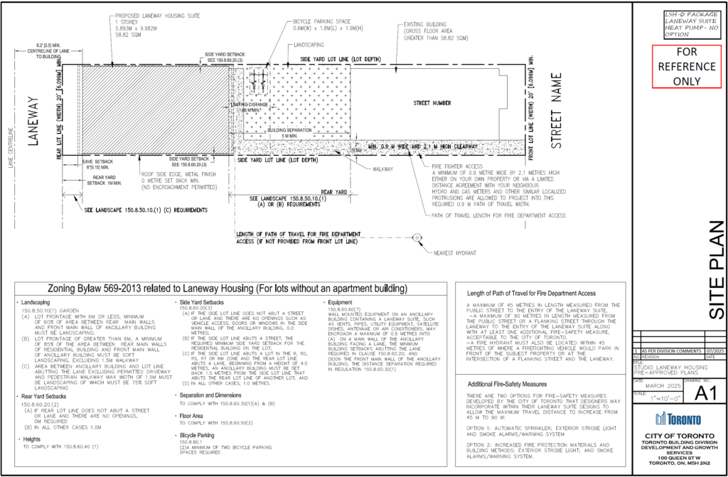 Studio Laneway Housing Toronto site plan A1 — Zoning By law laneway housing fire fighter access path 45m travel distance rear yard setbacks bicycle parking pre appro