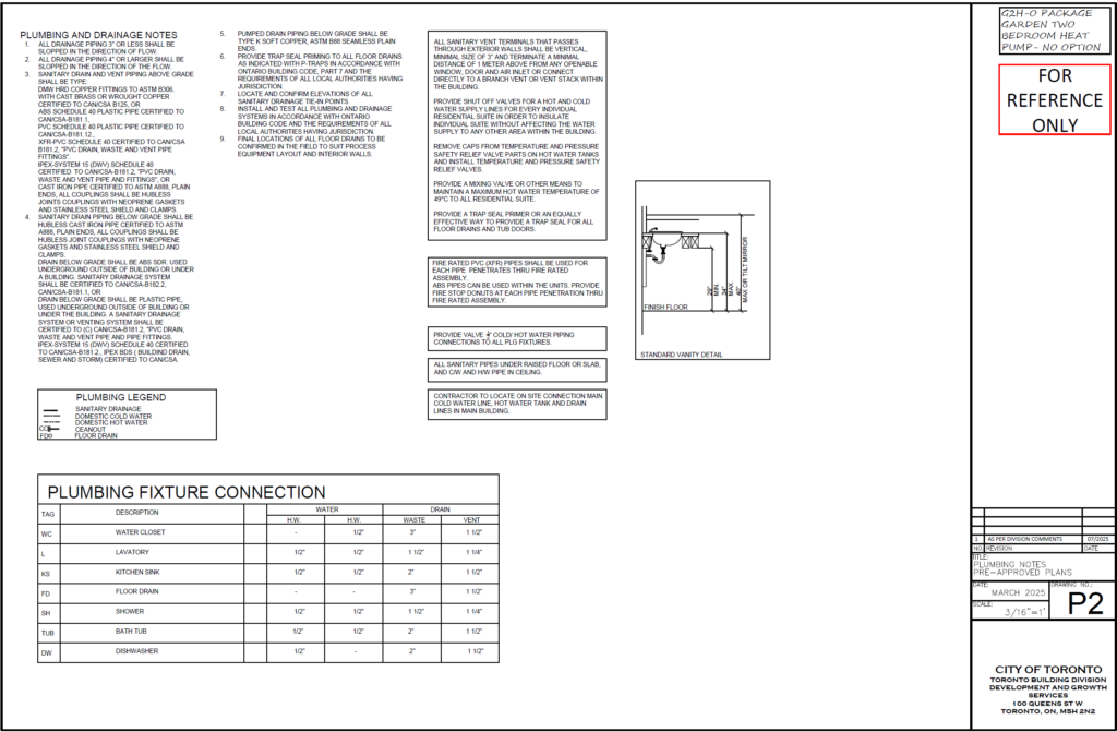 Two Bedroom Garden Suite Toronto plumbing notes fixture connection schedule P2 — water closet shower kitchen sink floor drain dishwasher water drain vent specifications OBC compliant garden suite permit package City of Toro