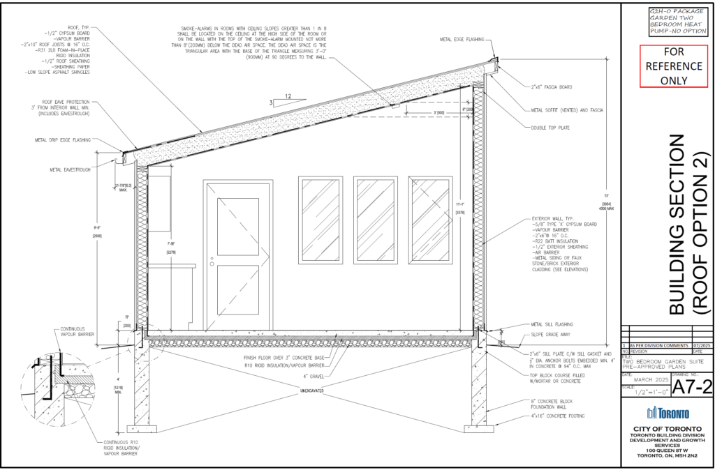 Two Bedroom Garden Suite Toronto building section roof option 2 A7-2 — R31 2LB foam-in-place rigid insulation 2x10 roof joists concrete block foundation 4x16 footing slab grade pre-approved drawings