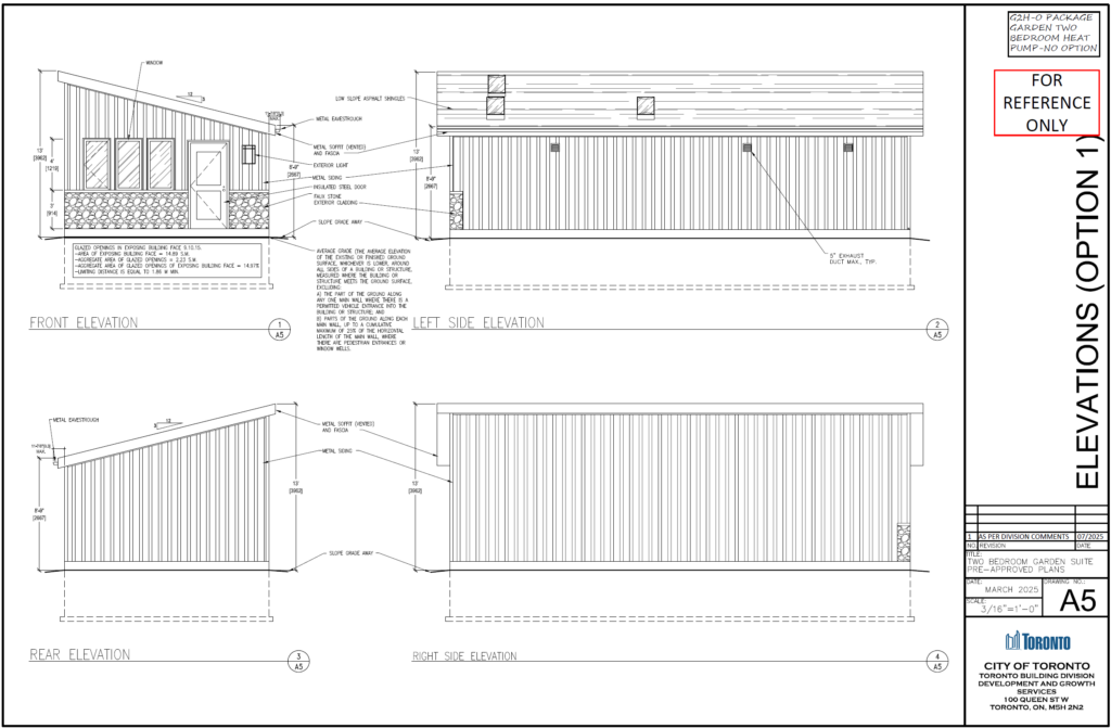 Two Bedroom Garden Suite Toronto elevations option 1 A5 — front rear left right side elevation metal siding faux stone exterior cladding insulated steel door low slope asphalt shingles permit drawings