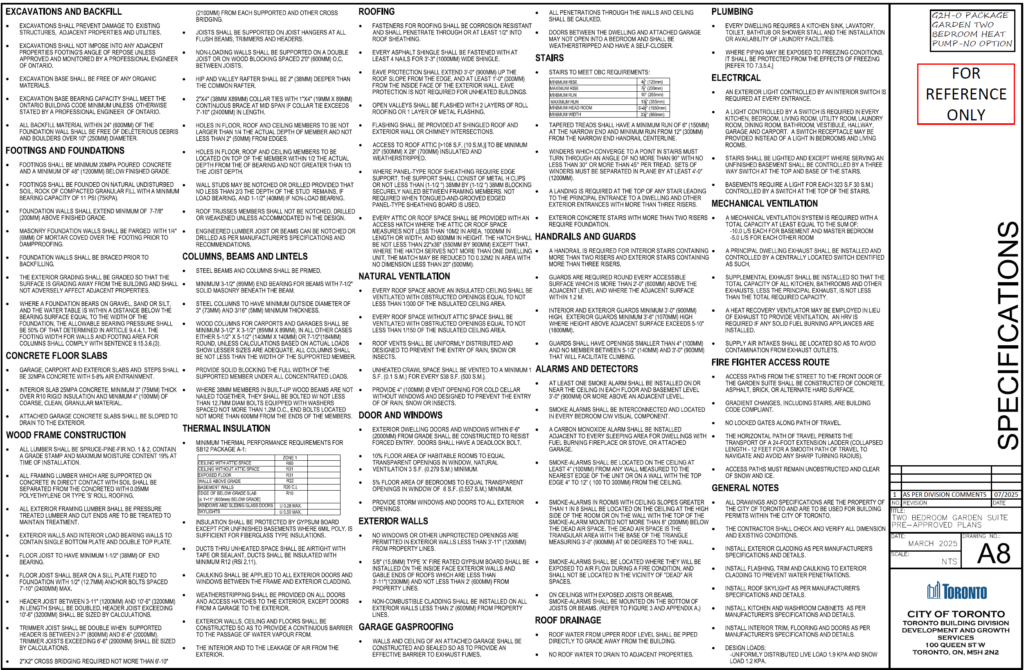 Two Bedroom Garden Suite Toronto construction specifications A8 — OBC wood frame footings fire fighter access route electrical mechanical ventilation handrails thermal insulation City of Toronto Building Division