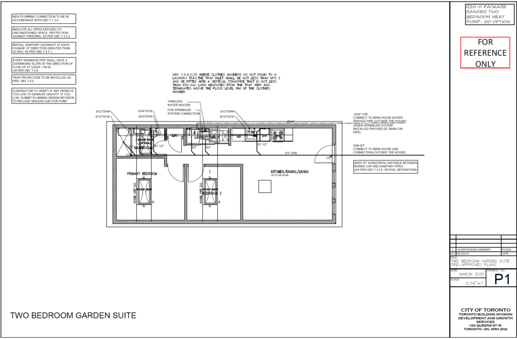 Two Bedroom Garden Suite Toronto plumbing plan P1 — primary bedroom bedroom 2 kitchen dining living sanitary drain water supply tankless water heater separate metering SAN 3 connection main house OBC pre-approved