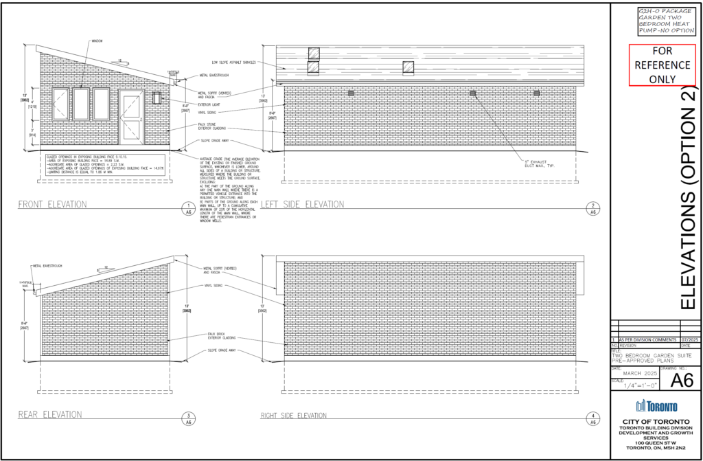 Two Bedroom Garden Suite Toronto elevations option 2 A6 — front rear left right side elevation faux brick exterior cladding vinyl siding metal soffit vented fascia eavestrough permit drawings City of Toronto