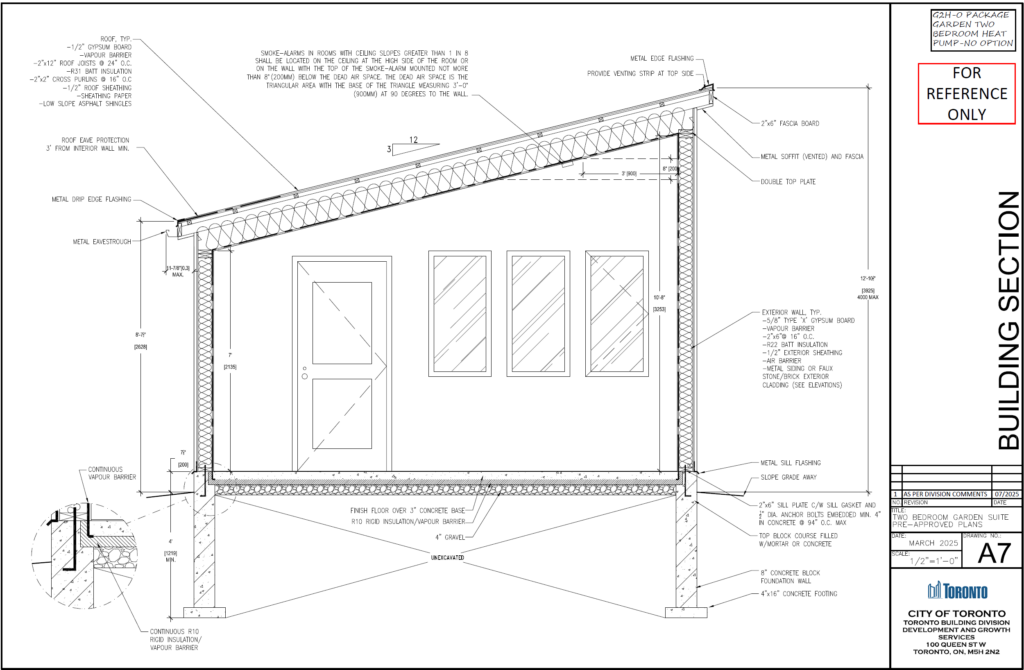 Two Bedroom Garden Suite Toronto building section A7 — R31 batt insulation 2x12 roof joists 8 concrete block foundation wall concrete footing R10 vapour barrier exterior wall assembly OBC compliant