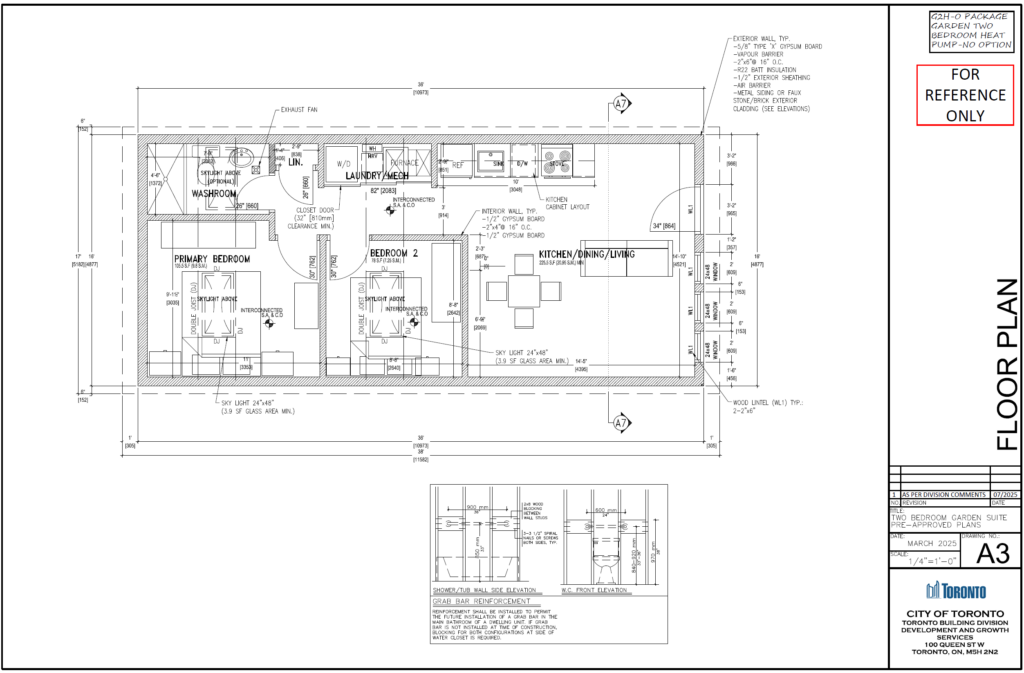 Two Bedroom Garden Suite Toronto floor plan A3 — primary bedroom bedroom 2 kitchen dining living washroom laundry mech layout grab bar reinforcement skylight 38x17 ft pre-approved permit 2025