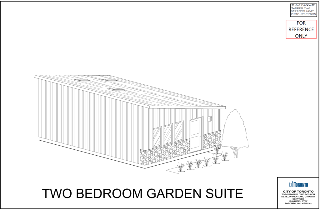 Two Bedroom Garden Suite Toronto pre approved design 3D perspective — G2H 0 Package City of Toronto Building Division permit drawings 2026