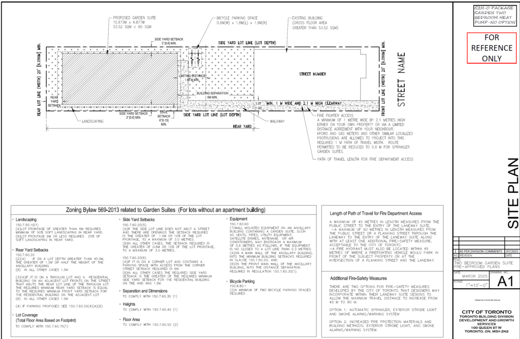 Two Bedroom Garden Suite Toronto site plan Zoning By law 569 2013 — fire fighter access path 45m travel distance rear yard setbacks lot coverage 53.52 sqm garden suite permit