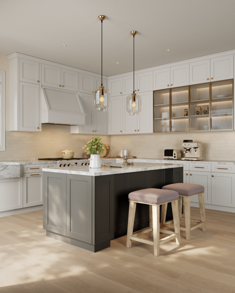 A classic transitional kitchen featuring white Shaker style wall cabinets and a contrasting dark grey Shaker island with a marble top