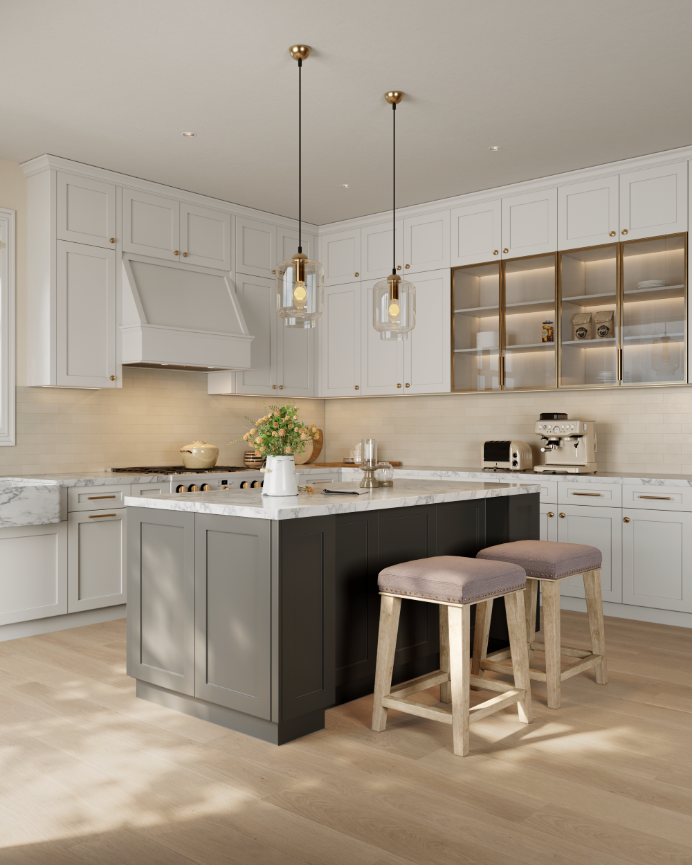 A classic transitional kitchen featuring white Shaker style wall cabinets and a contrasting dark grey Shaker island with a marble top