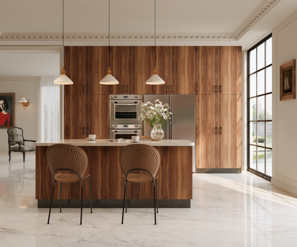 A clean, architectural shot of the Sahara Oak tall cabinet wall. The wood grain is displayed vertically across the entire wall, with integrated stainless steel ovens.