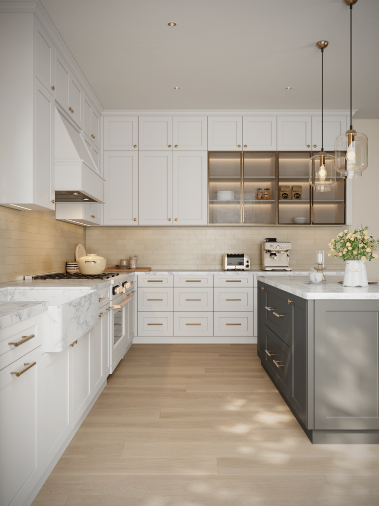 A detailed view of the L shaped workstation. Highlights the white Shaker cabinetry, a professional range with gold knobs, and a tan subway tile backsplash