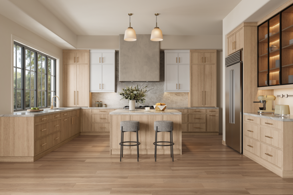 A full room view of a modern organic kitchen. It combines vertical grain light wood cabinets with solid white upper units