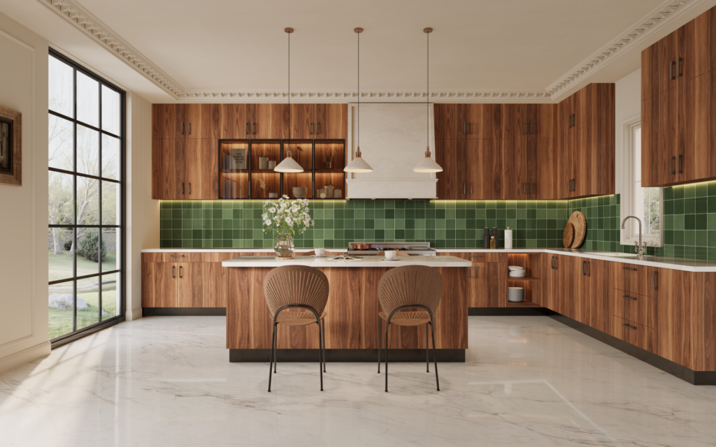 A warm, natural kitchen design featuring Sahara Oak wood cabinets from floor to ceiling
