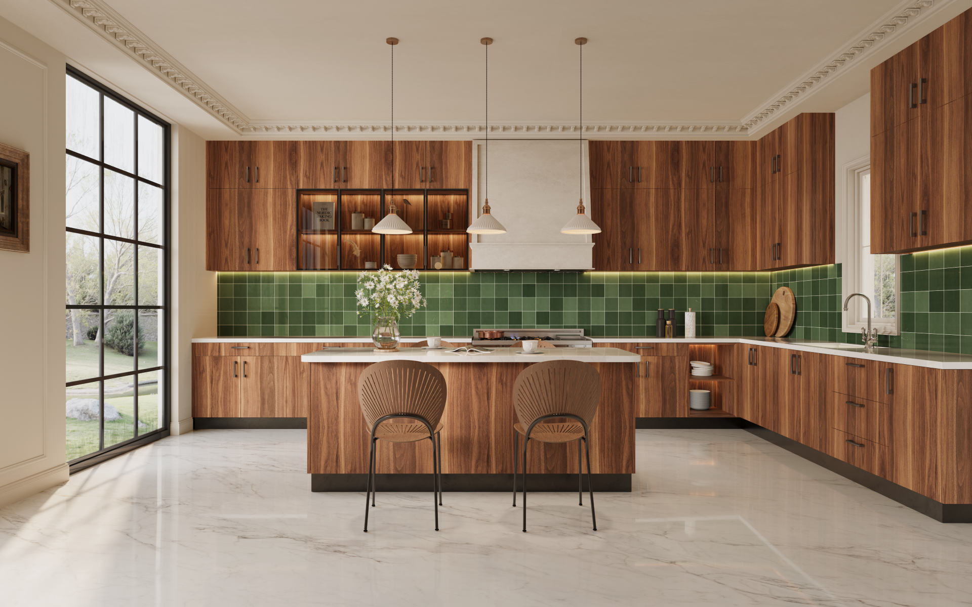 A warm, natural kitchen design featuring Sahara Oak wood cabinets from floor to ceiling