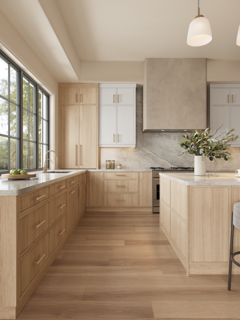 A warm, organic kitchen featuring light natural wood lower cabinets and a matching wood kitchen island. The upper wall features a mix of wood and solid white cabinets