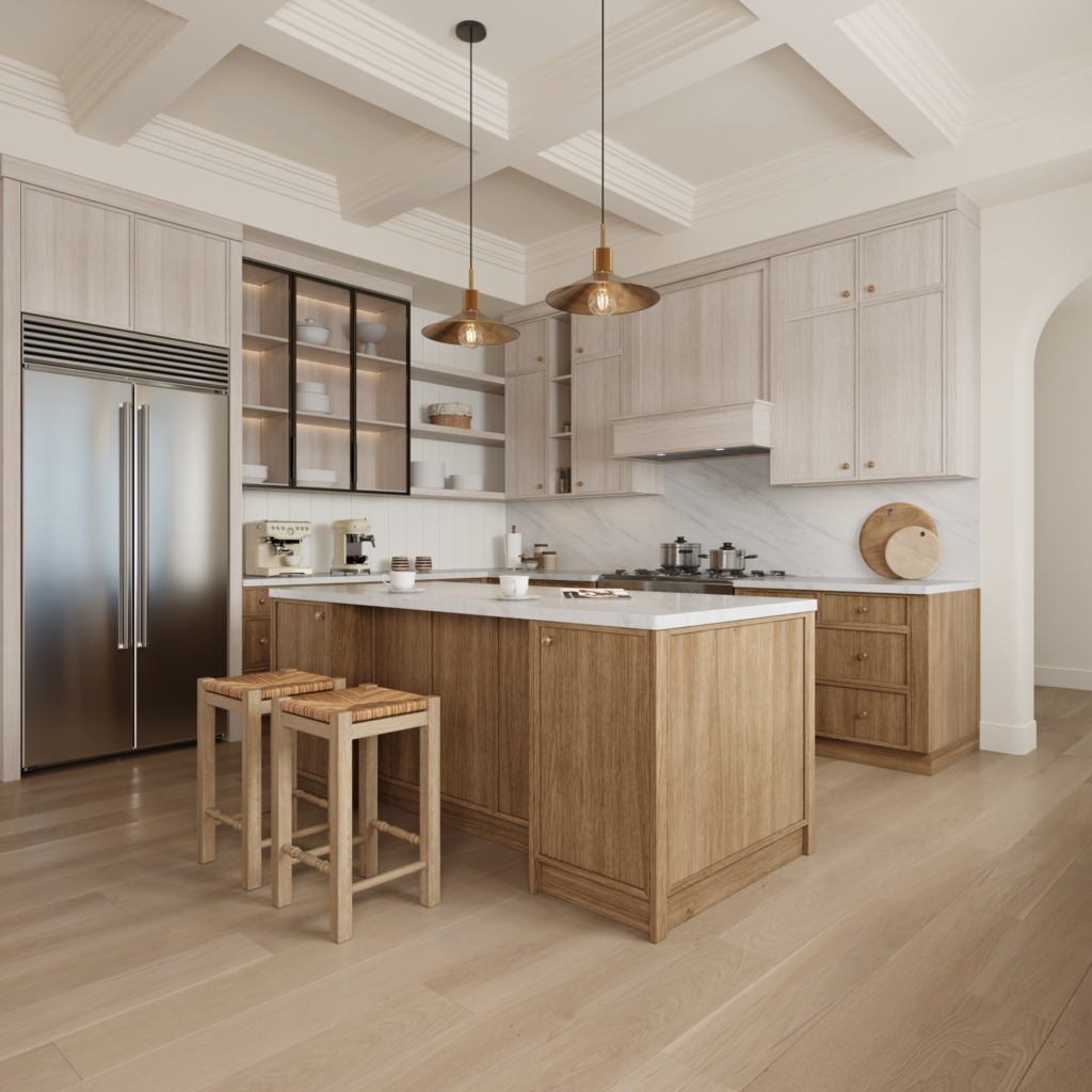 An angled view of the two tone wood kitchen, showcasing the central island with woven top stools