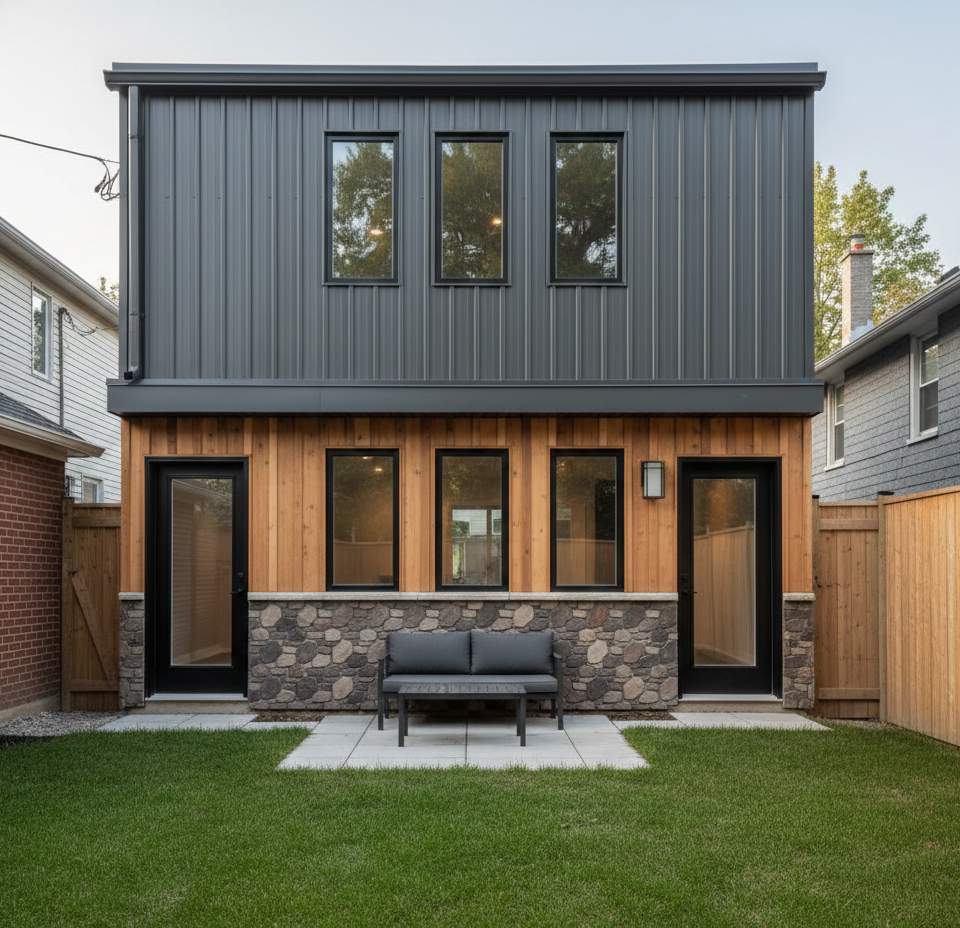 Rear facade of the same two story Toronto laneway house, featuring large glass patio doors and seamless integration with the main property's backyard