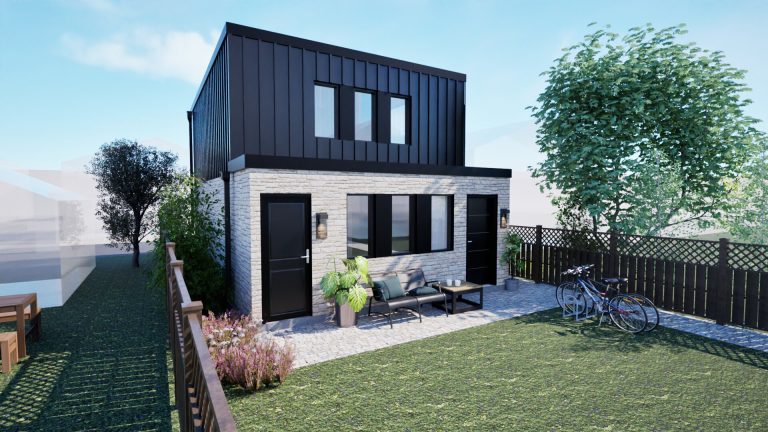 Rear view of the same 2 story Magic Reno laneway suite showing large glass doors, integrated backyard landscaping, and high durability cedar cladding