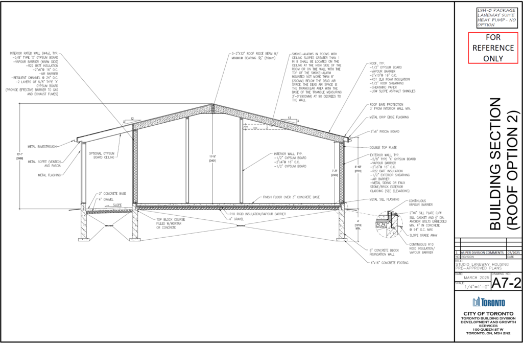 Studio Laneway Housing Toronto building section roof option 2 A7 2 R31 2LB foam in place rigid insulation 2x10 roof joists gable roof ridge beam concrete block foundation