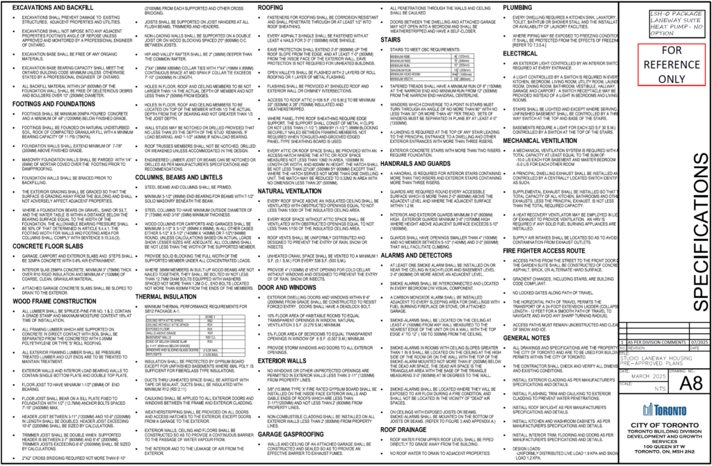 Studio Laneway Housing Toronto construction specifications A8 OBC wood frame footings fire fighter access route electrical mechanical ventilation handrails thermal insulation garage gasproofing