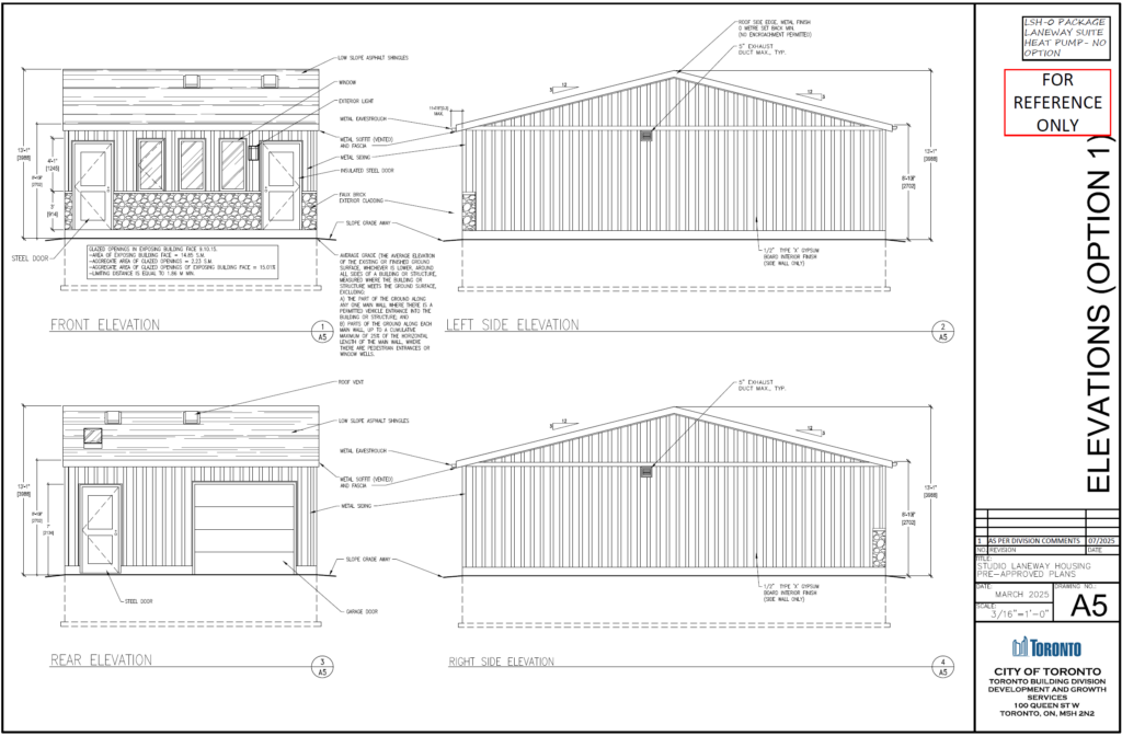 Studio Laneway Housing Toronto elevations option 1 A5 front rear left right side elevation metal siding faux stone exterior cladding insulated steel door garage door low slope asphalt shingles