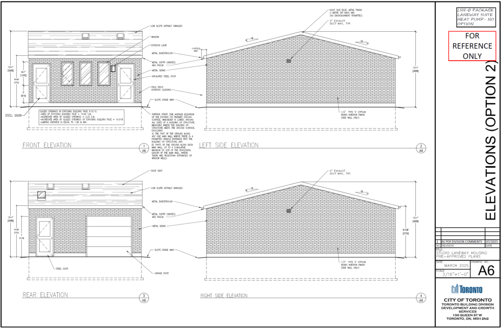 Studio Laneway Housing Toronto elevations option 2 A6 front rear left right side elevation faux brick exterior cladding metal siding metal soffit vented fascia eavestrough garage door