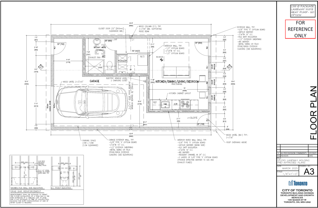 Studio Laneway Housing Toronto floor plan A3 — garage EV Level 2 charging outlet kitchen dining living bedroom washroom skylight optional grab bar reinforcement 32'9x19'4 pre approved permit 2025