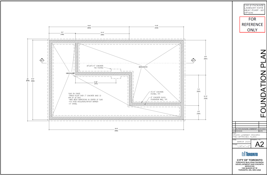 Studio Laneway Housing Toronto foundation plan A2 slab on grade 28x28x10 concrete pad footing 8 concrete block foundation wall 4x16 concrete footing R10 rigid insulation vapour barrier