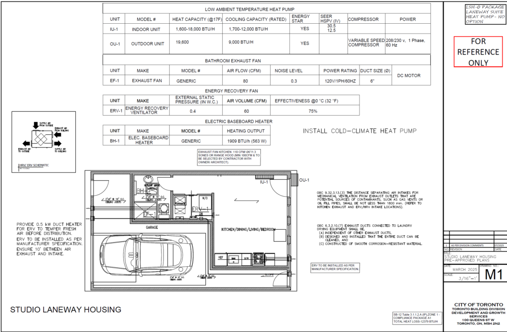 Studio Laneway Housing Toronto mechanical plan M1 cold climate heat pump low ambient ERV energy recovery ventilator electric baseboard heating garage HVAC layout LSH 0