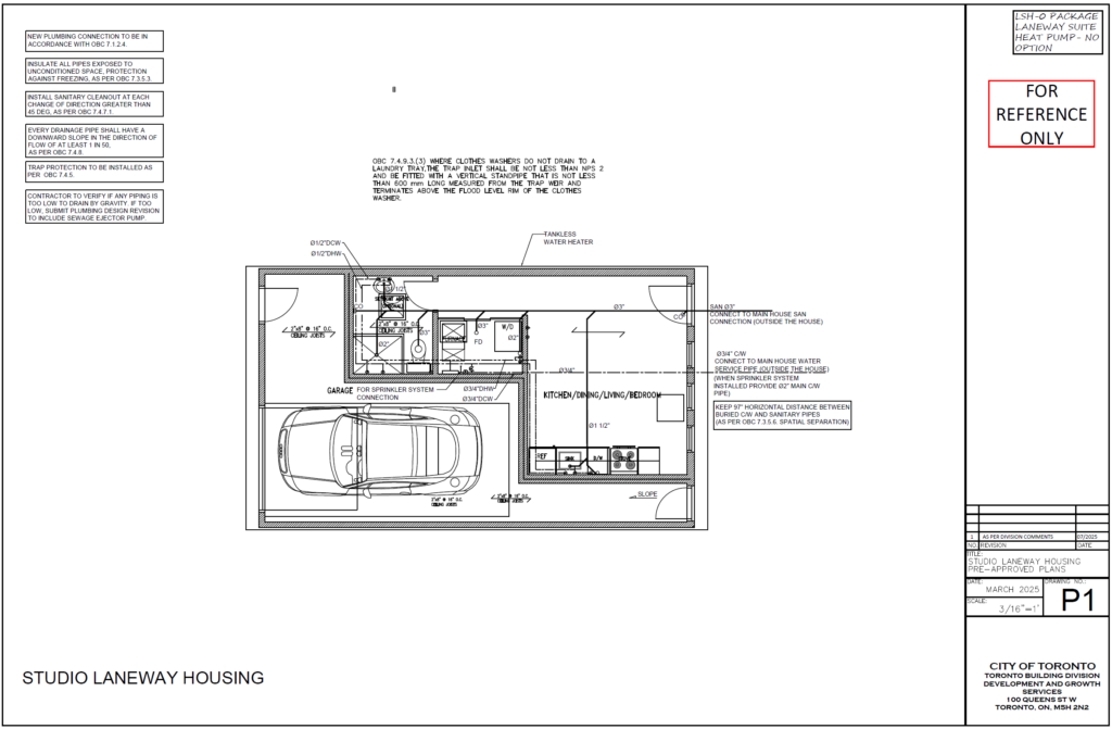 Studio Laneway Housing Toronto plumbing plan P1 garage kitchen dining living bedroom sanitary drain SAN 3 water supply tankless water heater separate metering connection