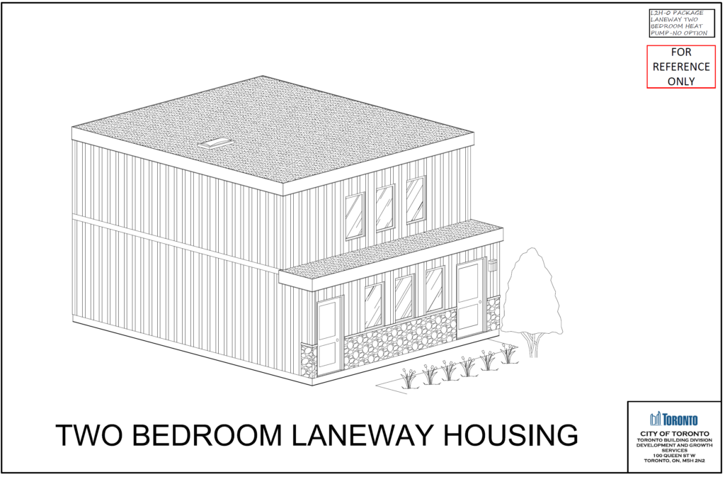 Two Bedroom Laneway Housing Toronto 3D perspective — L2H0 Package 2storey metal siding faux stone flat roof pre approved permit City of Toronto 2025