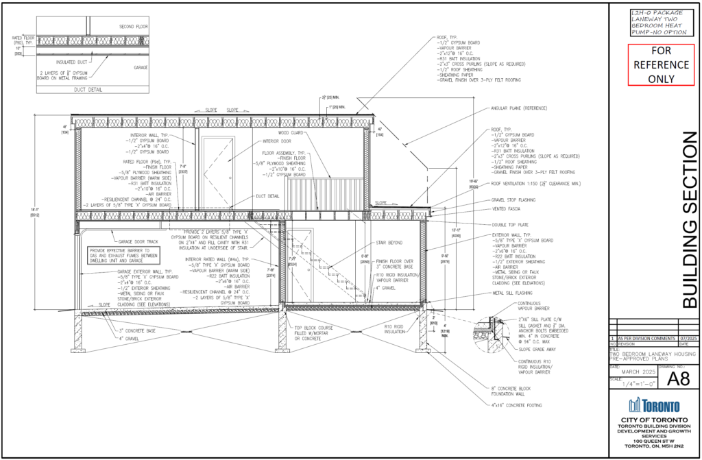 Two Bedroom Laneway Housing Toronto building section A8 2 storey R31 roof rated floor assembly R22 walls 8 concrete block foundation garage fire separation OBC