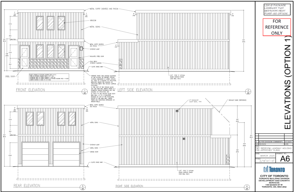 Two Bedroom Laneway Housing Toronto elevations option 1 A6 metal siding faux stone 2 storey front rear side garage door steel door pre approved City of Toronto