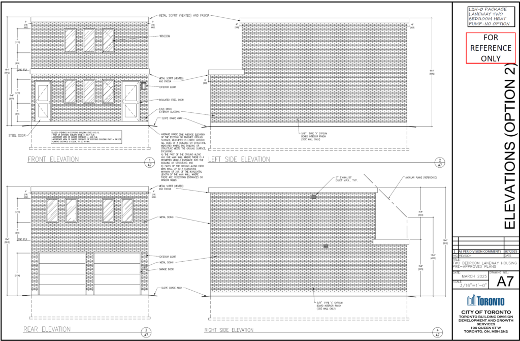 Two Bedroom Laneway Housing Toronto elevations option 2 A7 faux brick 2 storey front rear side garage door insulated steel door metal soffit