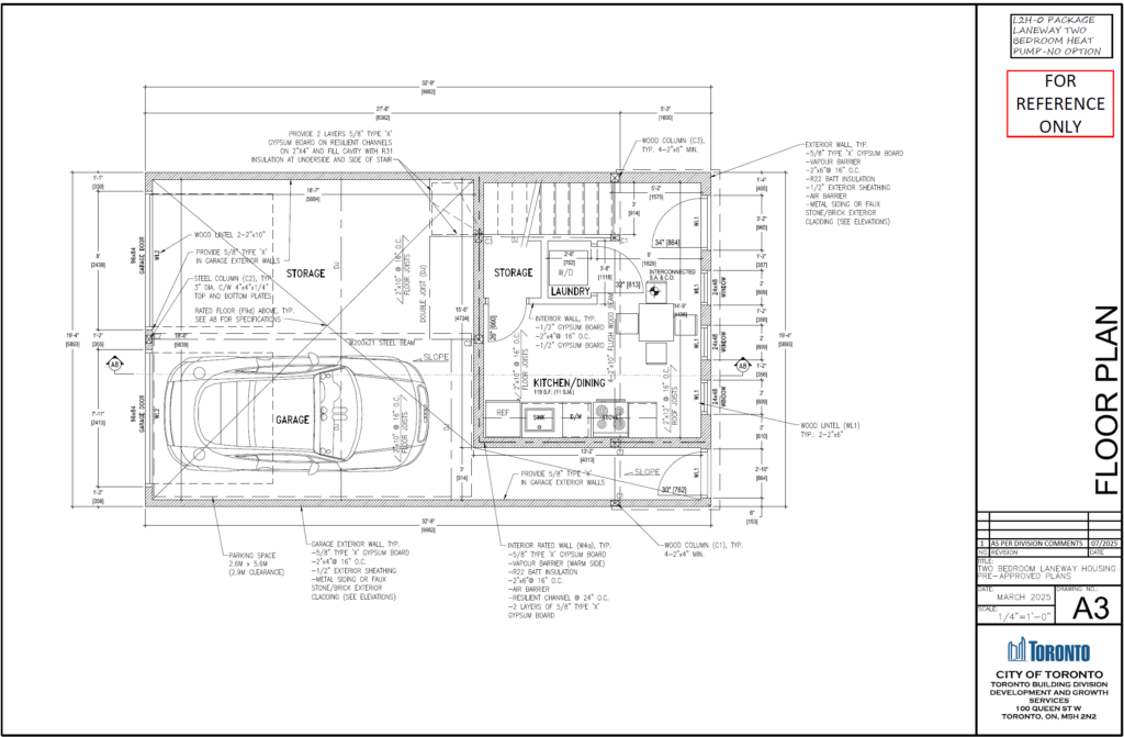 Two Bedroom Laneway Housing Toronto first floor plan A3 garage double door kitchen dining storage laundry W200x21 steel beam