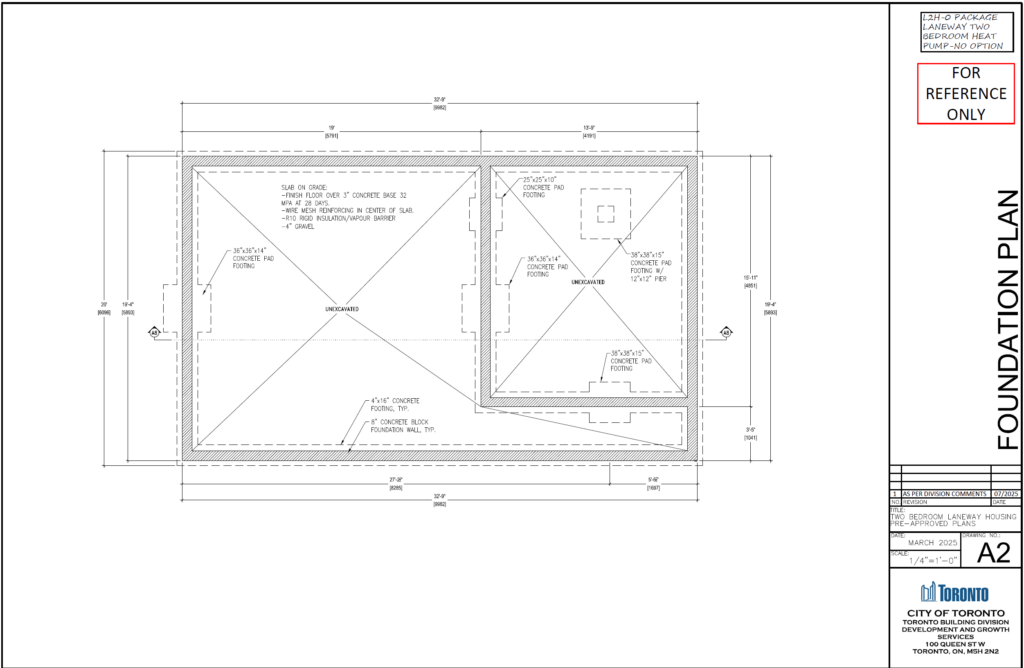 Two Bedroom Laneway Housing Toronto foundation plan A2 slab on grade concrete pad footings 8 block foundation wall R10 insulation