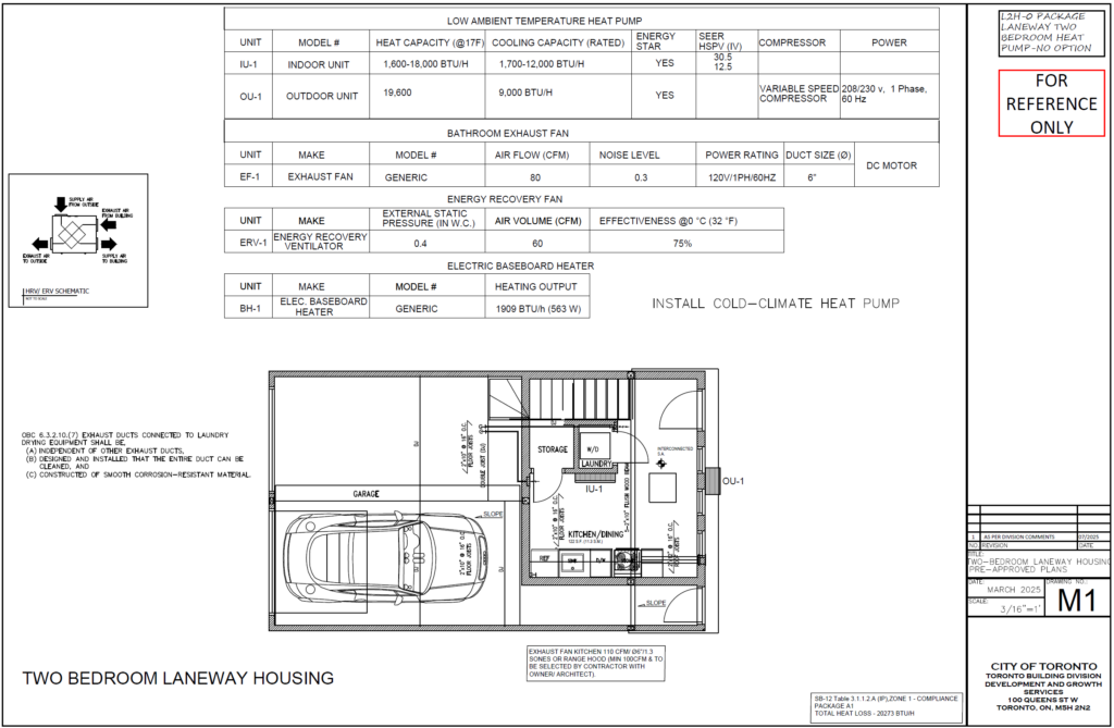 Two Bedroom Laneway Housing Toronto mechanical plan M1 cold climate heat pump ERV energy recovery ventilator electric baseboard garage HVAC layout L2H 0