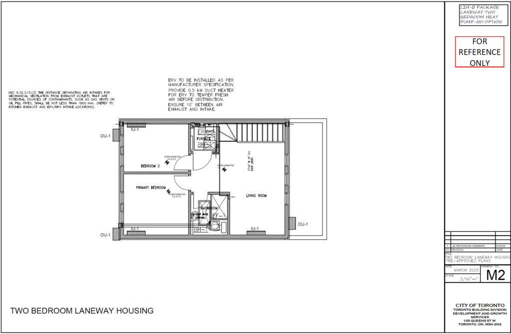Two Bedroom Laneway Housing Toronto plumbing plan P1 first floor garage kitchen laundry SAN 3 water supply sprinkler connection tankless water heater