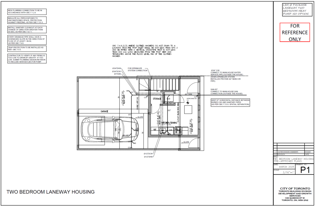 Two Bedroom Laneway Housing Toronto plumbing plan P1 first floor garage kitchen laundry SAN 3 water supply sprinkler connection tankless water heater (2)