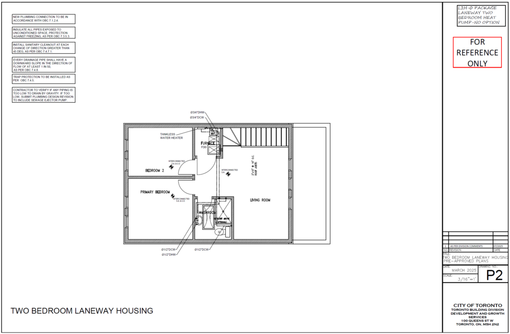 Two Bedroom Laneway Housing Toronto plumbing plan P2 second floor primary bedroom bedroom 2 washroom furnace tankless water heater drain vent