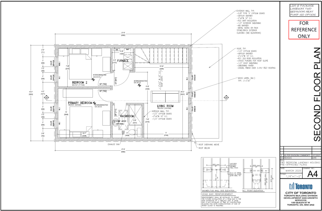 Two Bedroom Laneway Housing Toronto second floor plan A4 primary bedroom bedroom 2 living room washroom optional skylight grab bar reinforcement staircase