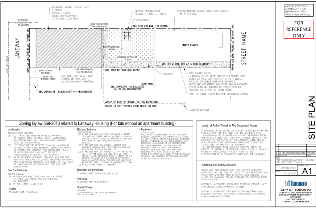 Two Bedroom Laneway Housing Toronto site plan A1 L2H0 Package 2storey 5882 sqm footprint 11764 sqm floor area Zoning Bylaw 5692013 fire fighter