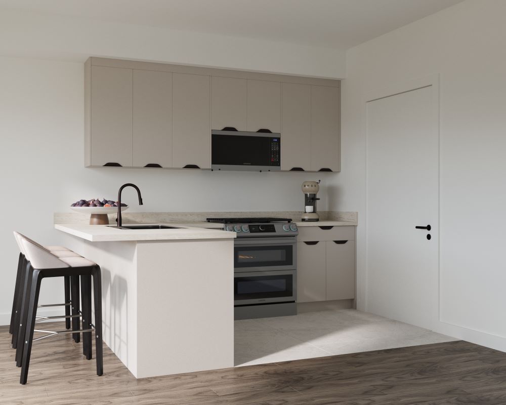 3D render of modern condo kitchen with peninsula and full height cabinets
