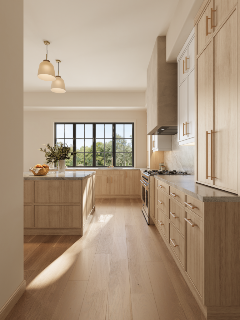 A side angle shot emphasizing the long run of wood grain lower cabinets and the stone textured countertop