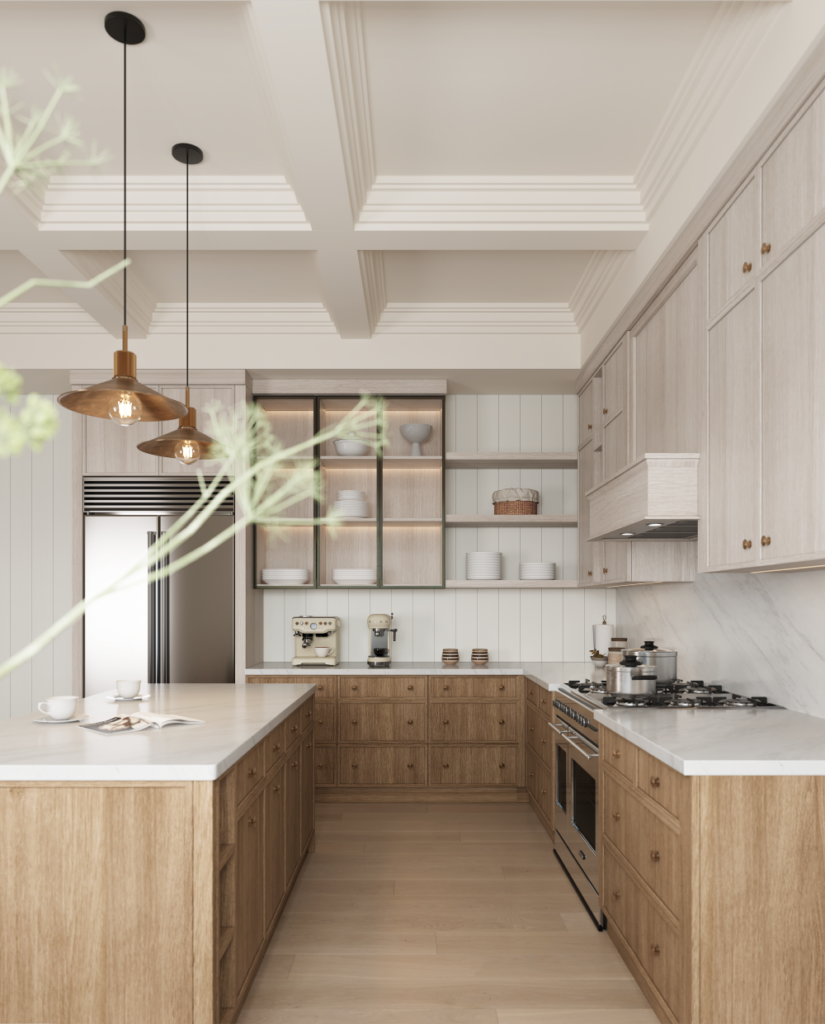 A transitional kitchen showcasing a two tone wood design. The lower cabinets are a rich medium toned wood, while the upper cabinets are a lighter, washed wood grain