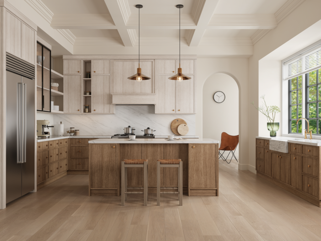 A wide, symmetrical shot of a transitional kitchen with a coffered ceiling. Features a medium toned wood island