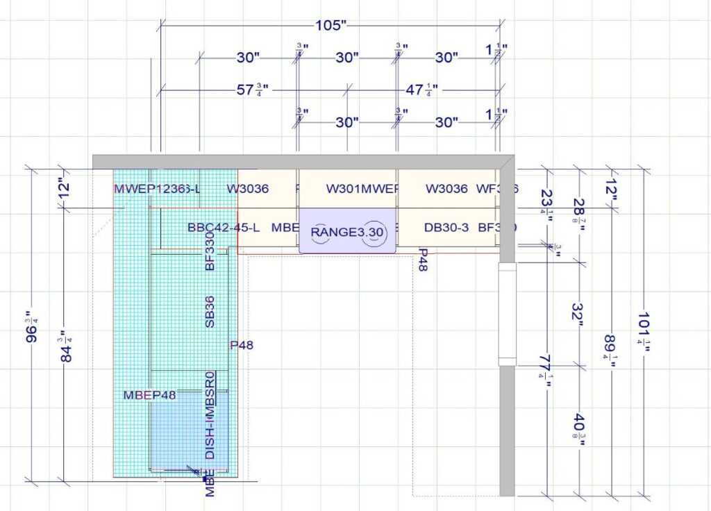 top layout drawing of L shape condo kitchen with peninsula